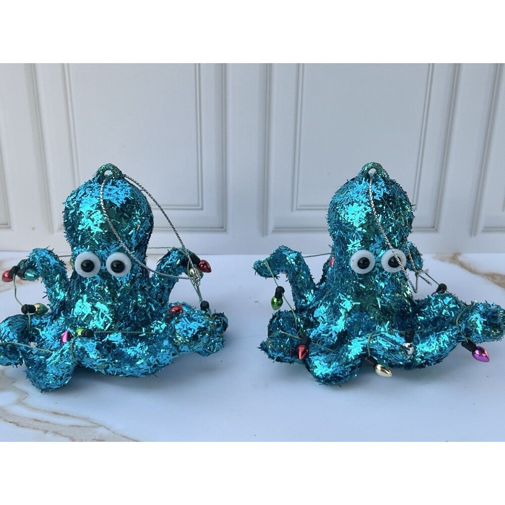 2 Vintage Style Glitter Blue Octopus Christmas Ornament Coastal Ocean Sea Life